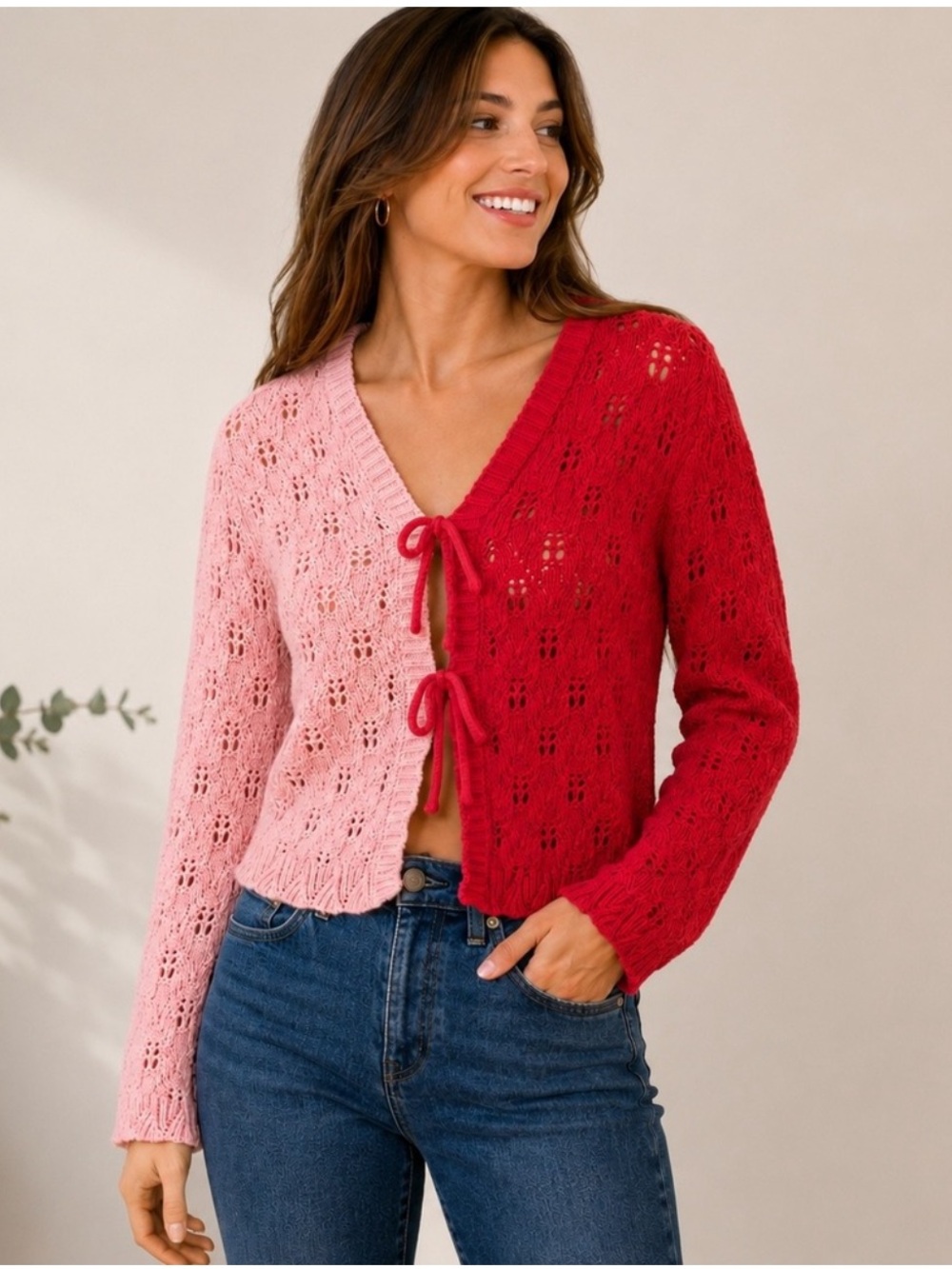 Sincerly Jules Pink & Red Lace-Knit V-Neck Tie-Front Sweater